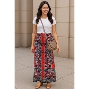 John Paul Richard Red Floral Print Polka Dot Maxi Skirt Womens Large Brunch